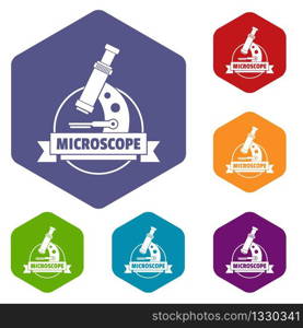 Microscope icons vector colorful hexahedron set collection isolated on white . Microscope icons vector hexahedron
