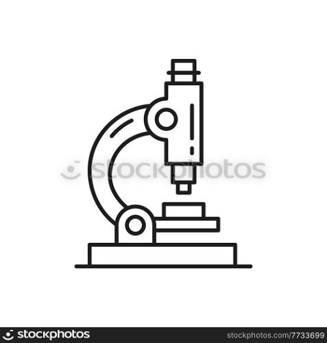 Microscope isolated research equipment thin line icon. Vector optical microscope magnification lab search tool. Biotechnology and microbiology, optic medical science instrument to investigate bacteria. Bio microscope research equipment isolated icon