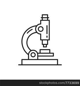 Microscope isolated research equipment thin line icon. Vector optical microscope magnification lab search tool. Biotechnology and microbiology, optic medical science instrument to investigate bacteria. Bio microscope research equipment isolated icon
