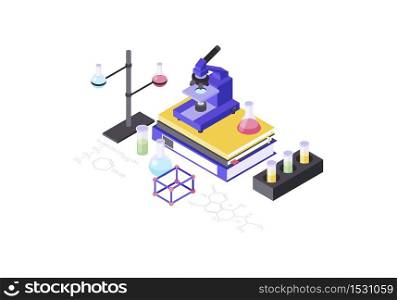 Microscope isometric color vector illustration. Chemical laboratory equipment infographic. Biochemistry, molecular biology test tubes, flask, jars and bottles with liquid, dropper 3d concept. Microscope isometric color vector illustration