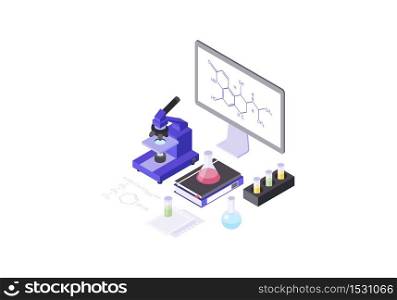 Microscope isometric color vector illustration. Chemical laboratory equipment infographic. Molecular biology, biochemistry research test tubes, liquid, flask, chemical molecule 3d concept. Microscope isometric color vector illustration