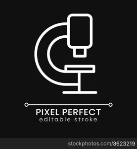 Microscope pixel perfect white linear icon for dark theme. Laboratory instrument. Medical test, analysis. Thin line illustration. Isolated symbol for night mode. Editable stroke. Poppins font used. Microscope pixel perfect white linear icon for dark theme