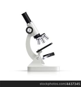 Microscope Realistic Image Single Object . Bio medical laboratory high resolution optical or electronic white microscope single realistic object with reflection shadow vector illustration
