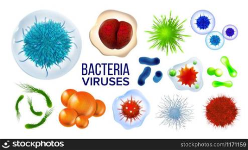 Microscopic Viruses Bacteria Collection Set Vector. Unhealthy Danger Bacteria In Different Form. Science Biological Laboratory Bacterium Colorful Concept Template Realistic 3d Illustrations. Microscopic Viruses Bacteria Collection Set Vector