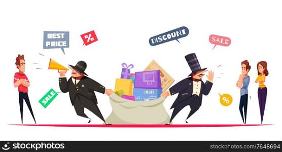 Microstock competition concept with caricature businessman making sale announcements vector illustration