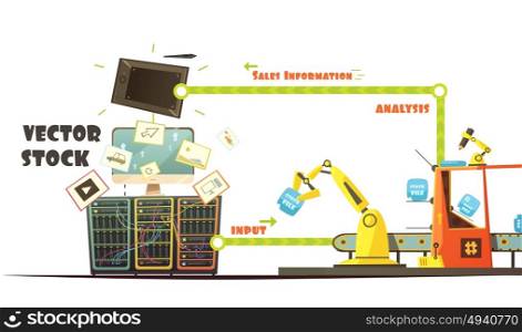 Microstock Market Working Concept Cartoon Schema. Microstock business owner working concept schema retro cartoon style with investment and sales analysis banner vector illustration