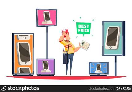 Microstock stolen picture concept with confused man and smartphone images vector illustration
