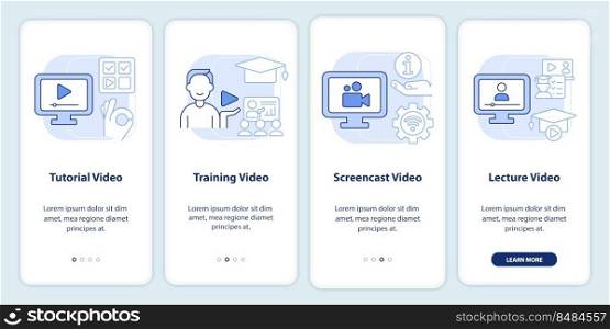 Microtraining video types light blue onboarding mobile app screen. Walkthrough 4 steps editable graphic instructions with linear concepts. UI, UX, GUI template. Myriad Pro-Bold, Regular fonts used. Microtraining video types light blue onboarding mobile app screen