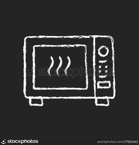 Microwave chalk white icon on dark background. Oven to heat ready made meals. Roasting dinner in stove. Cooking instruction. Food preparation process. Isolated vector chalkboard illustration on black. Microwave chalk white icon on dark background