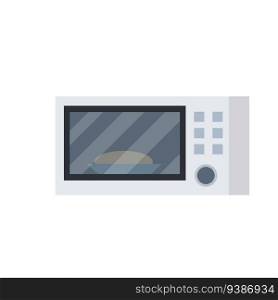 Microwave. Device for heating food. Plates inside. Element of kitchen. Home appliance. Cartoon flat illustration. Microwave. Device for heating food.