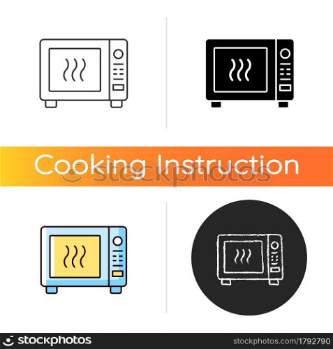 Microwave icon. Oven to heat ready made meals. Roasting dinner in stove. Cooking instruction. Food preparation process. Linear black and RGB color styles. Isolated vector illustrations. Microwave icon