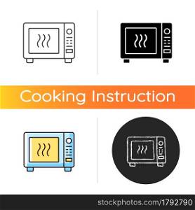 Microwave icon. Oven to heat ready made meals. Roasting dinner in stove. Cooking instruction. Food preparation process. Linear black and RGB color styles. Isolated vector illustrations. Microwave icon