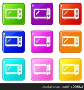 Microwave oven icons set 9 color collection isolated on white for any design. Microwave oven icons set 9 color collection