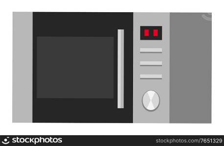 Microwave oven isolated icon of kitchen equipment. Kitchenware appliance for cooking. Device with timer and buttons. Electrical item for preparation of meal. Warming up and defrosting vector. Microwave Oven Kitchen Appliance Cooking Vector