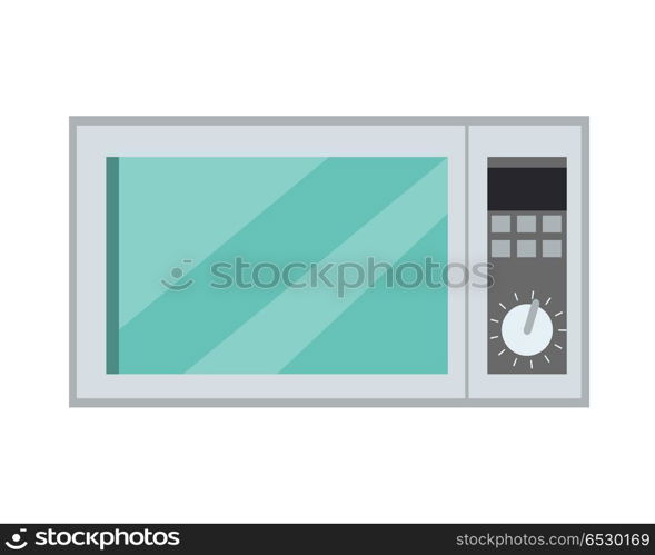 Microwave Oven Isolated Kitchen Appliance. Vector. Microwave oven isolated on background. Microwave kitchen appliance that heats and cooks food by exposing it to microwave radiation in the electromagnetic spectrum. Vector in flat style