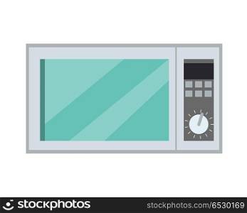 Microwave Oven Isolated Kitchen Appliance. Vector. Microwave oven isolated on background. Microwave kitchen appliance that heats and cooks food by exposing it to microwave radiation in the electromagnetic spectrum. Vector in flat style