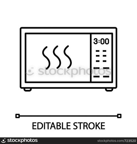 Microwave oven linear icon. Electric oven. Thin line illustration. Food heating and preparation. Kitchen appliance. Contour symbol. Vector isolated outline drawing. Editable stroke. Microwave oven linear icon