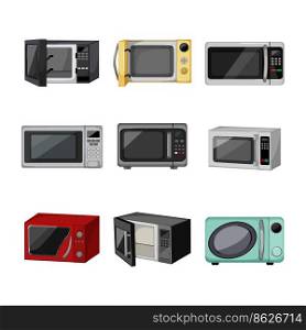 microwave oven set cartoon. food cooking, equipment kitchen, technology electrical, appliance cooking, button microwave oven vector illustration. microwave oven set cartoon vector illustration