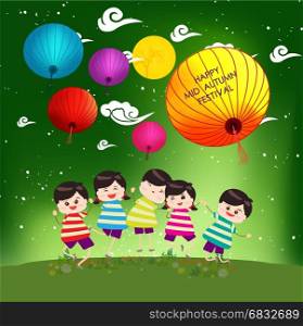 Mid Autumn Festival background with happy kids playing lanterns
