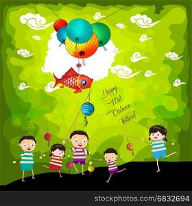 Mid Autumn Festival background with kids playing lanterns
