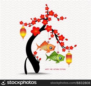 Mid autumn festival blossom tree and carp lanterns