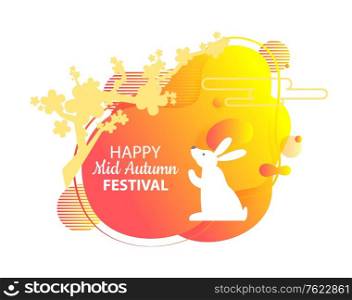 Mid autumn festival celebration vector, bunny furry animal with tree and foliage abstract design banner with rabbit, Chinese holiday event in China. Bunny on Mid Autumn Festival Chinese Holiday Vector