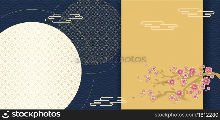 Mid Autumn Festival Chinese and Korean festivals. graphic design illustration. Consisting Moon with Chinese patterns, clouds, flowers sakura, Chinese patterns on a blue background.