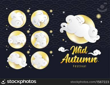 Mid autumn festival design template. Rabbit, bunny in cloud shape and the full moon gradient style isolated on seamless water wave background.