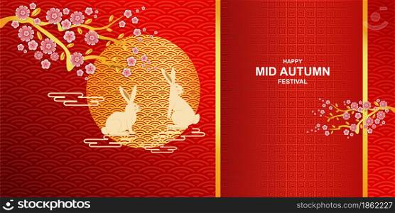 Mid autumn festival graphic design illustration of the full moon Consisting of rabbit, clouds, flowers sakura Chinese patterns, with happy mid autumn festival text and copy space On red background.