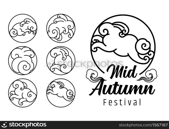 Mid autumn festival logo design template. Rabbit cloud shape line art symbol.