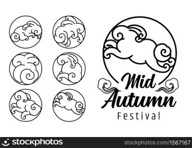 Mid autumn festival logo design template. Rabbit cloud shape line art symbol.