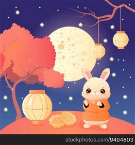 Mid Autumn festival, moon, Chinese lantern, bunny and mooncake . Vector illustration cartoon style. Mid Autumn festival, moon, Chinese lantern, bunny and mooncake