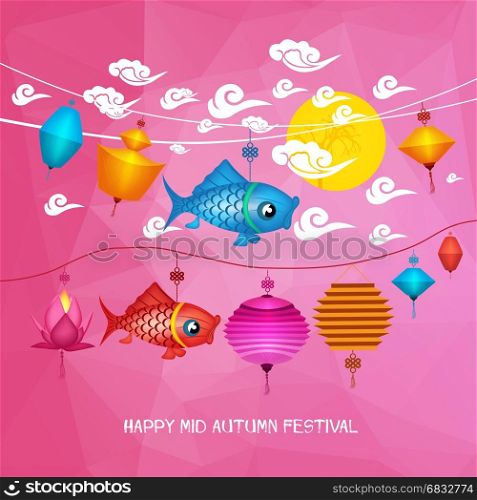 Mid Autumn Festival polygonal background with carp lanterns