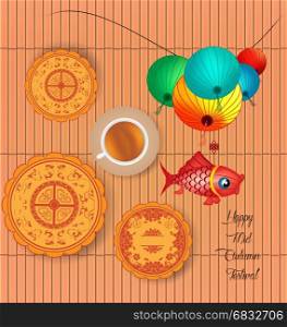 Mid Autumn Lantern Festival background with moon cake and chinese tea