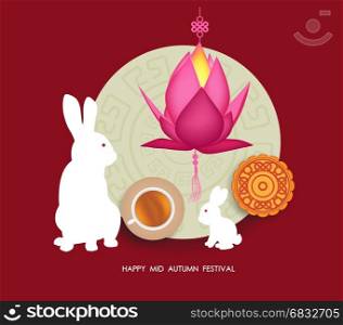 Mid Autumn Lantern Festival background with moon cake, tea and rabbit. Happy Mid Autumn Festival