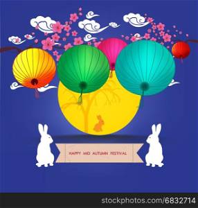 Mid Autumn Lantern Festival. Full moon and rabbit family