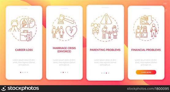 Midage problems onboarding mobile app page screen. Hardships of adult life walkthrough 4 steps graphic instructions with concepts. UI, UX, GUI vector template with linear color illustrations. Midage problems onboarding mobile app page screen