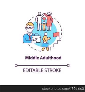Middle adulthood concept icon. Genuine concern for the welfare future. Generation progress. Career ladder abstract idea thin line illustration. Vector isolated outline color drawing. Editable stroke. Middle adulthood concept icon