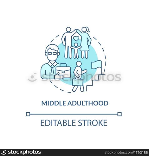 Middle adulthood development concept icon. Lifecycle process. Family creation and career-ladder abstract idea thin line illustration. Vector isolated outline color drawing. Editable stroke. Middle adulthood development concept icon