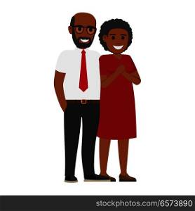 Middle-aged African American pair standing together vector. Smiling spouses in elegant clothes isolated on white background. Happy parents-in-law illustration for wedding and family holidays concept. Middle-Aged Pair Standing Together Flat Vector