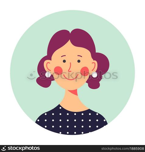 Middle aged female character portrait in circle, isolated rounded avatar of woman. Cheerful young lady with smile on face, youth or hipster photo for social media. Cute girl vector in flat style. Portrait of cheerful adult woman in middle age