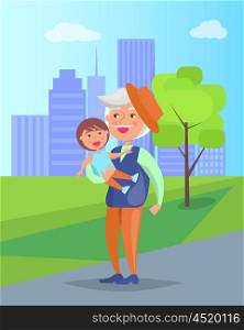 Middle-aged Man with Grandson in Hands Vector. Middle-aged man with grandson in hands vector illustration on background of skyscrapers. Mature gentleman in hat with little boy, grandpa and child