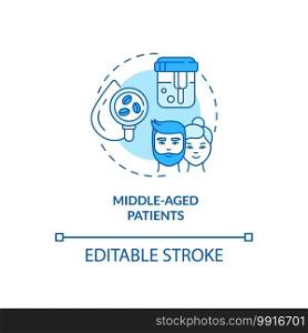 Middle-aged patients concept icon. Health screening age group idea thin line illustration. Full physical examination. Blood sugar test. Vector isolated outline RGB color drawing. Editable stroke. Middle-aged patients concept icon