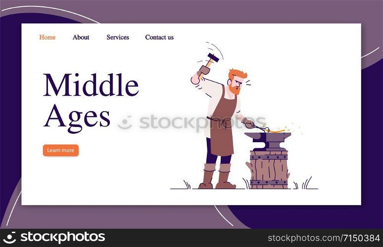 Middle ages landing page vector template. Historical website interface idea with flat illustrations. Old time crafts homepage layout. Medieval professions web banner, webpage cartoon concept