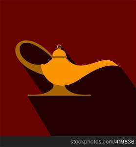 Middle east oil lamp flat icon on a red background. Lamp Aladdin. Middle east oil lamp flat