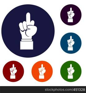 Middle finger hand sign icons set in flat circle reb, blue and green color for web. Middle finger hand sign icons set
