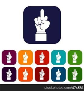 Middle finger hand sign icons set vector illustration in flat style In colors red, blue, green and other. Middle finger hand sign icons set