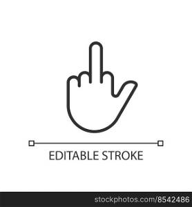 Middle finger pixel perfect linear icon. Obscene hand gesture. Offensive non verbal message. Thin line illustration. Contour symbol. Vector outline drawing. Editable stroke. Arial font used. Middle finger pixel perfect linear icon