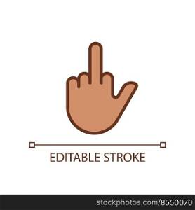 Middle finger pixel perfect RGB color icon. Obscene hand gesture. Offensive non verbal message. Isolated vector illustration. Simple filled line drawing. Editable stroke. Arial font used. Middle finger pixel perfect RGB color icon