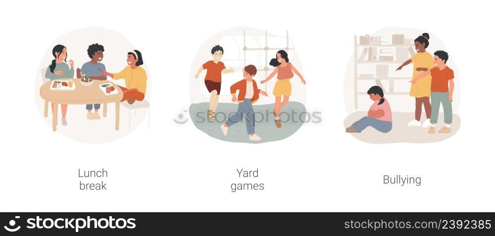 Middle school student socialization isolated cartoon vector illustration set. Students have lunch break together, children play yard games, bullying problem in middle school vector cartoon.. Middle school student socialization isolated cartoon vector illustration set.